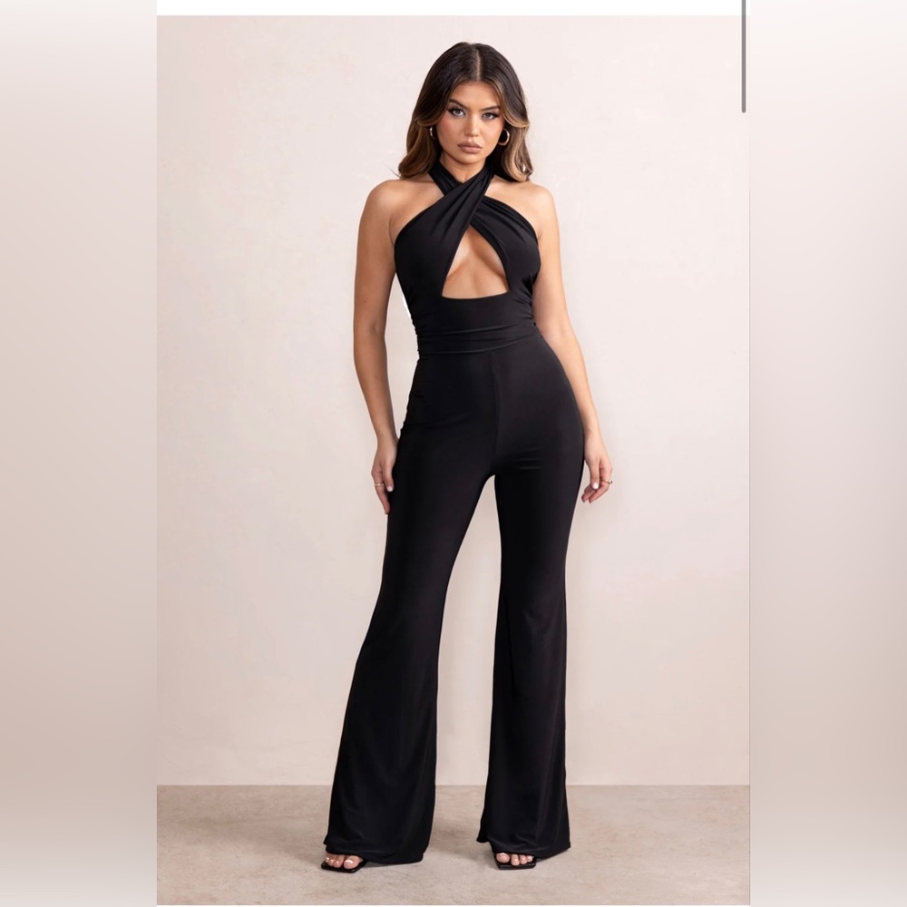 BLACK CROSSOVER HALTER NECK FRONT CUT OUT WIDE LEG JUMPSUIT NEW WITH TAGS